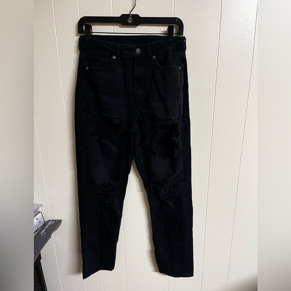 AE American Eagle Ripped Denim Jeans Black High Waist - Picture 2 of 9